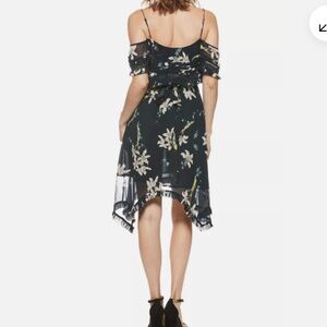 PAIGE SAHAR COLD SHOULDER FLUTTER SLEEVE HI-LOW SILK DRESS BLUE